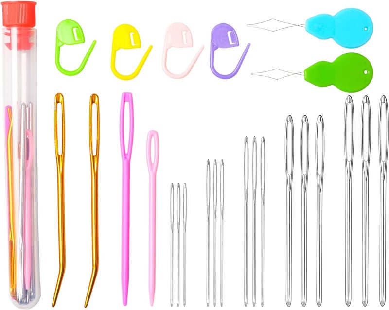HEKISN 25Pcs Large Eye Blunt Yarn Needles kit, Assorted Sizes Bent Tapestry Darning Needle, Sewing Needles with Needle Threaders & Stitch Markers for Knitting Crochet (Red) - Image 1